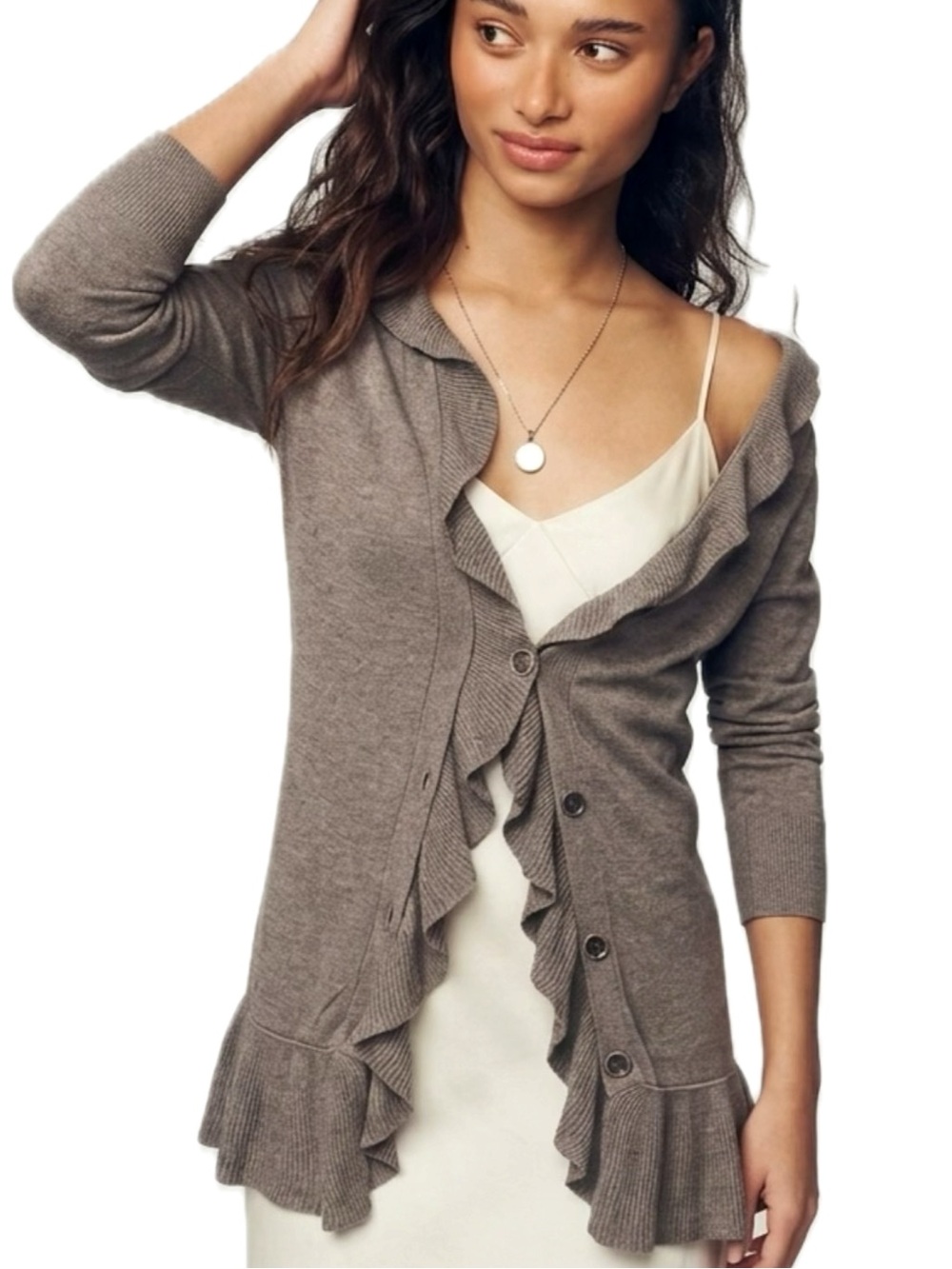 Hinge Nordstrom Cotton Silk Cascading Ruffle Long Cardigan Size XS Solid Taupe